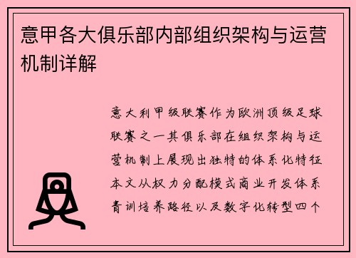 意甲各大俱乐部内部组织架构与运营机制详解