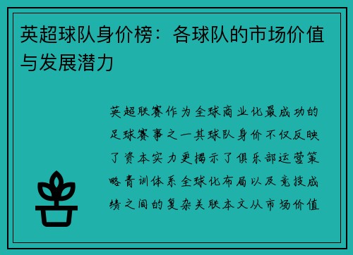 英超球队身价榜：各球队的市场价值与发展潜力