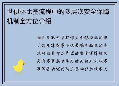 世俱杯比赛流程中的多层次安全保障机制全方位介绍